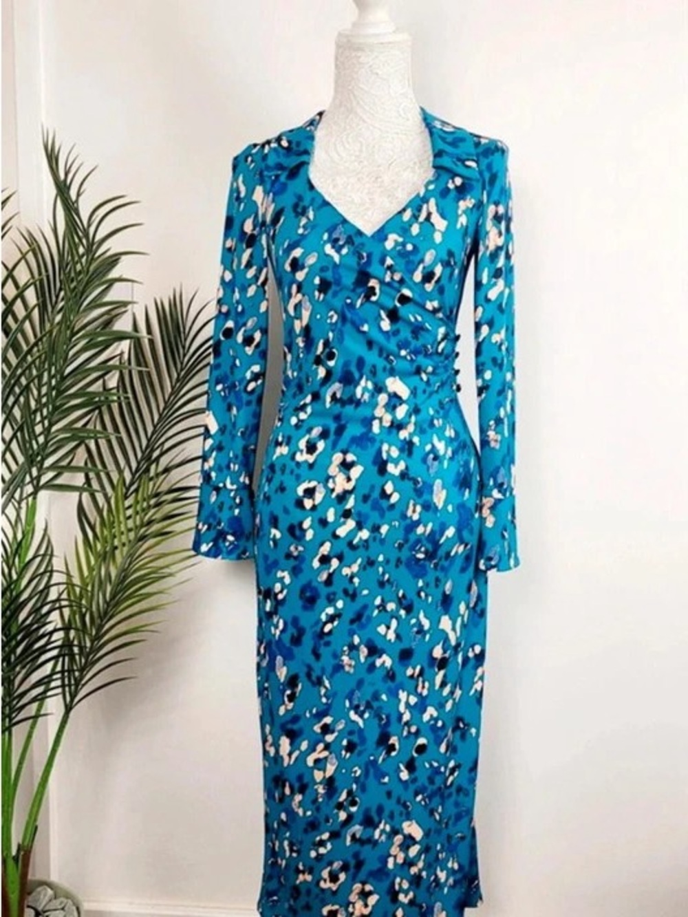 Turquoise Floral-Print Long Sleeve Maxi Dress